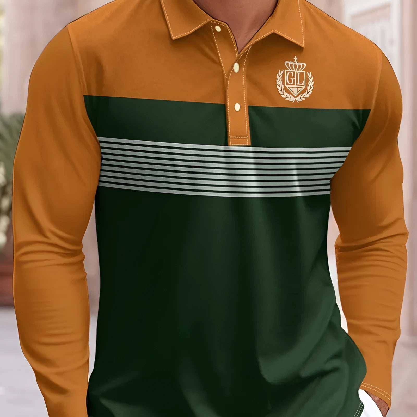 Leisure Sports long sleeve striped button polo shirt in slim fit colour MB14SQ250924Y598 for spring autumn casual wear