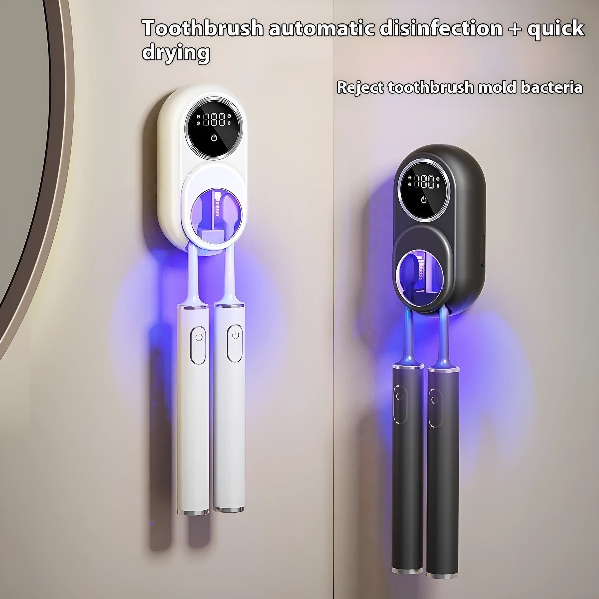 White electric wall-mounted rack with UV light for sterilising kitchen sponges and brushes.