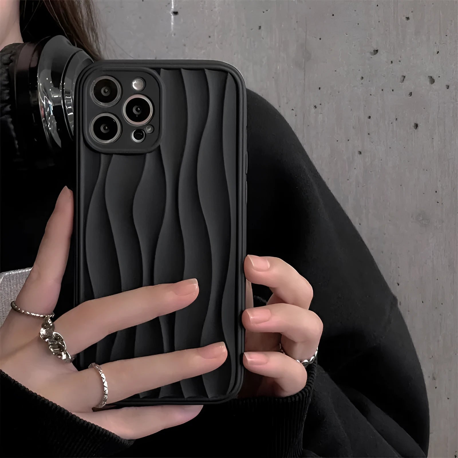Water ripple midnight black TPU phone case for iPhone 14 series with fall prevention texture