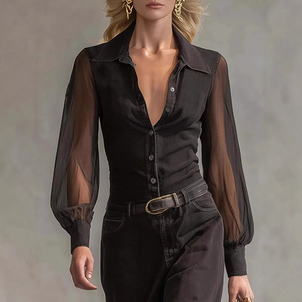Black long sleeve see-through mesh dress with blouse collar button front high-waist asymmetric skirt street fashion