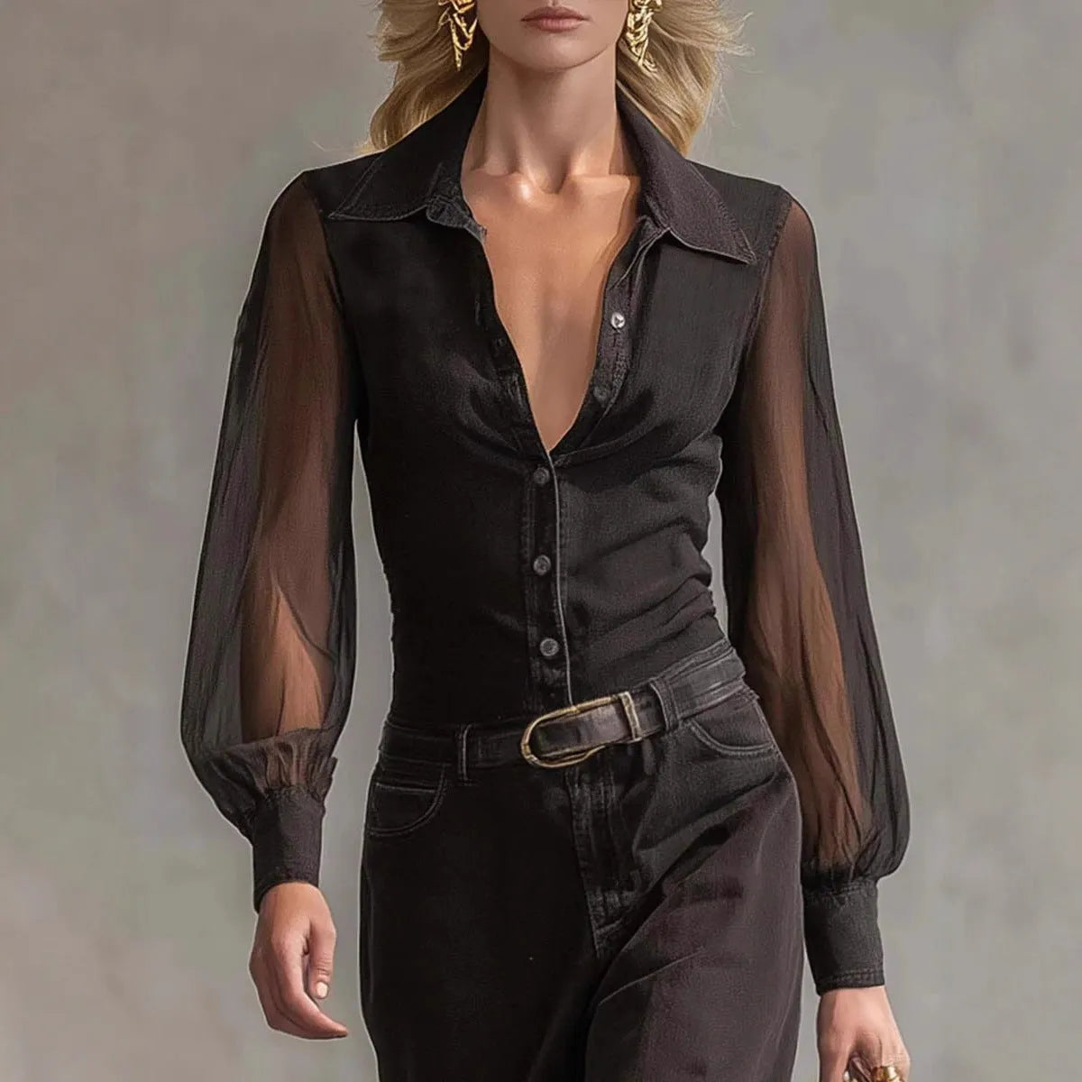 Black long sleeve see-through mesh dress with blouse collar button front high-waist asymmetric skirt street fashion