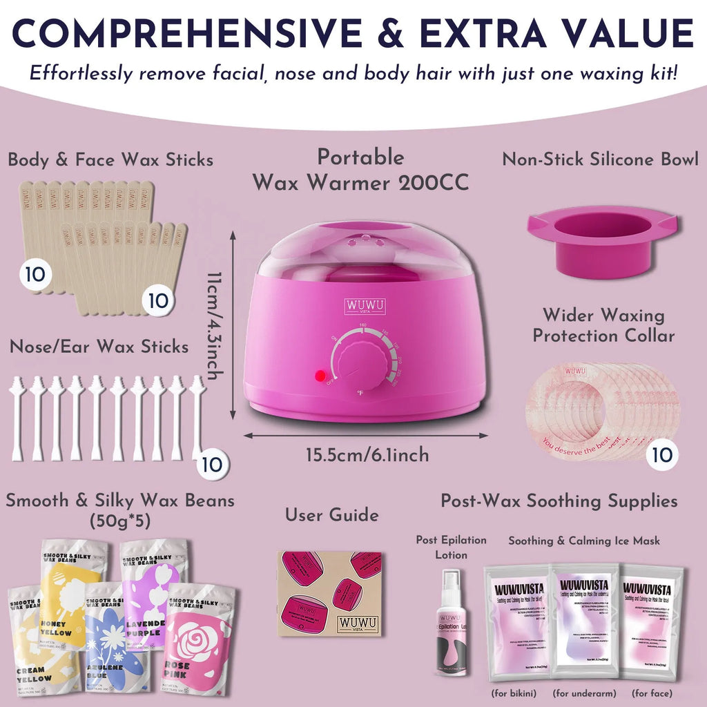 Professional waxing kit with wax warmer, five jars of hard wax beans, applicator sticks, and post-care products.
