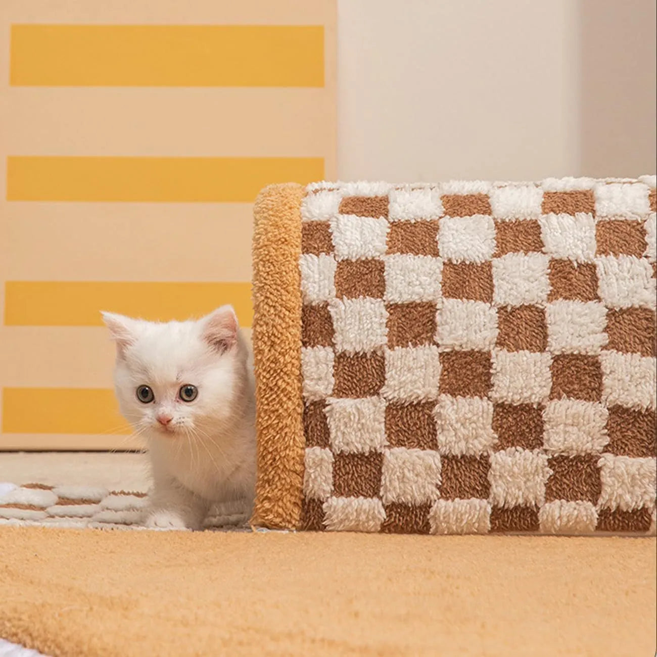 XL plush dog and cat bed with an attached tunnel in a plaid design, showing coffee colour and granular anti-slip bottom.