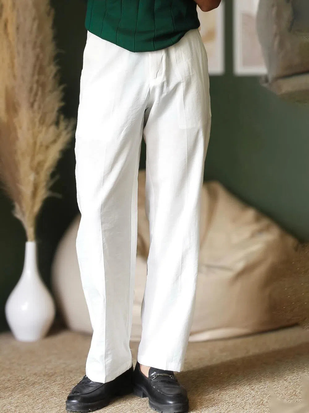 High waist full-length white polyester trousers in regular fit, sizes S to 2XL