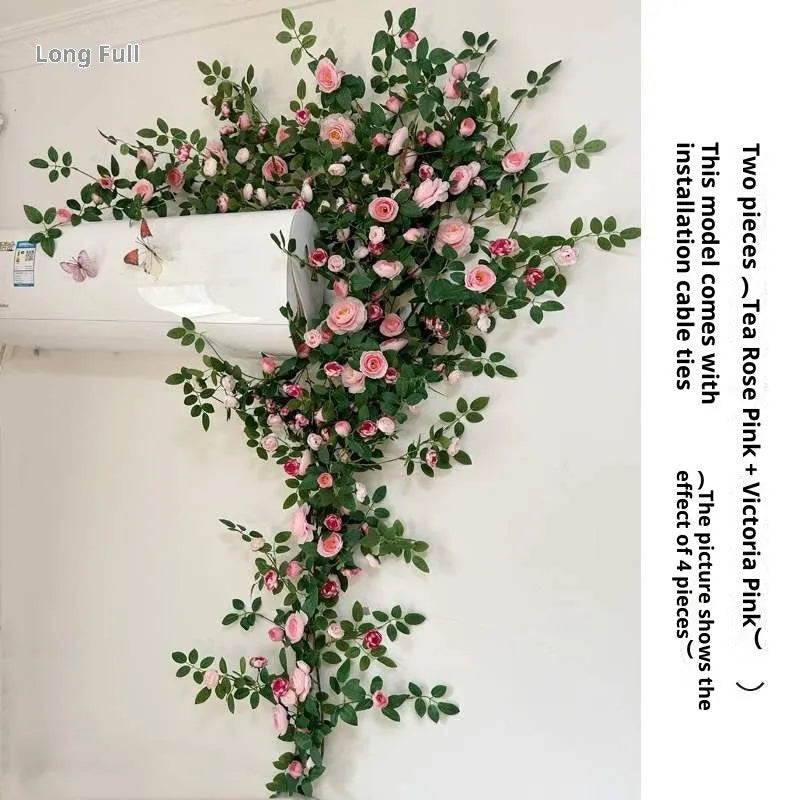 Artificial fake rose flower rattan for air conditioning pipe occlusion balcony decor with wire leaves and coloured lanterns