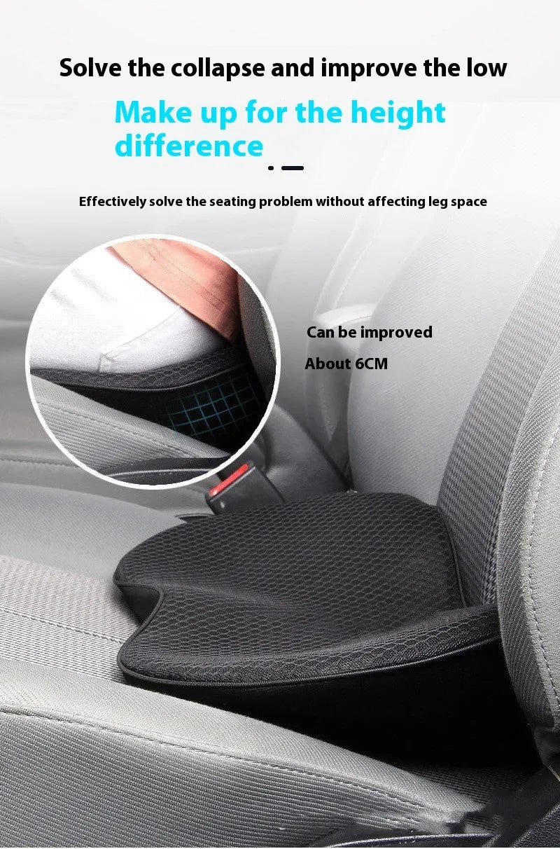 Flat black memory foam car seat cushion for increasing driving height.