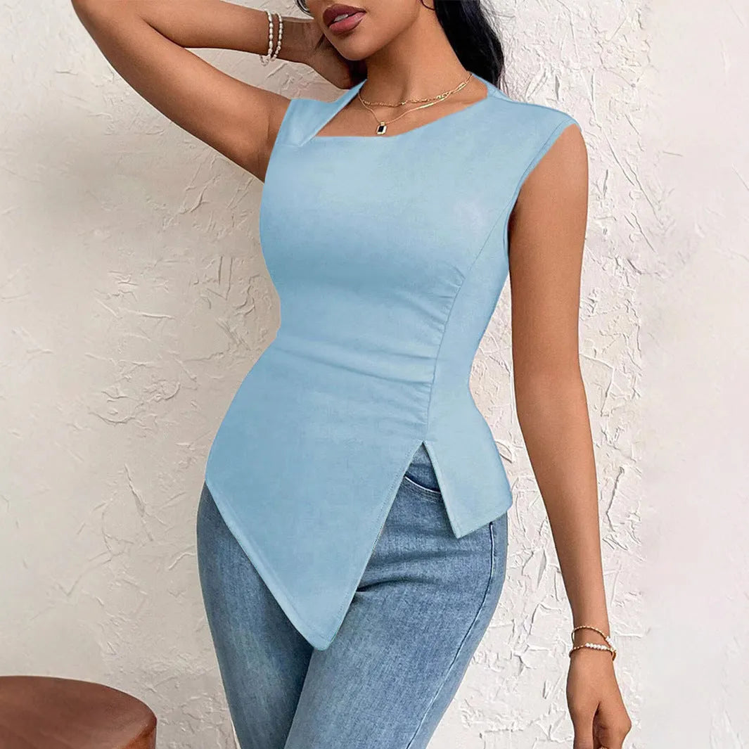 Women's diagonal collar slim fit short sleeve solid colour polyester top in black beige light blue light yellow brown purplish red dark blue
