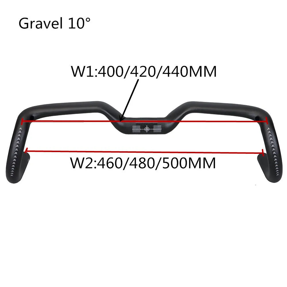 Black carbon fibre road bike handlebars showing large outer swing angle design