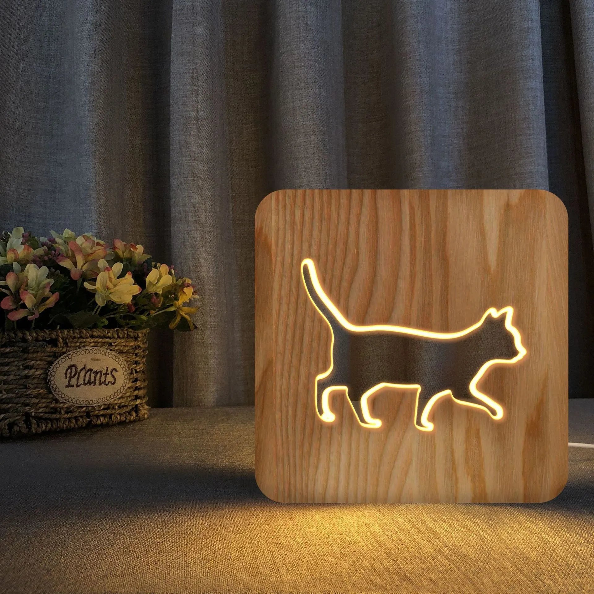 3D cat night light with solid wood hollow design measuring 190mm with USB power cord