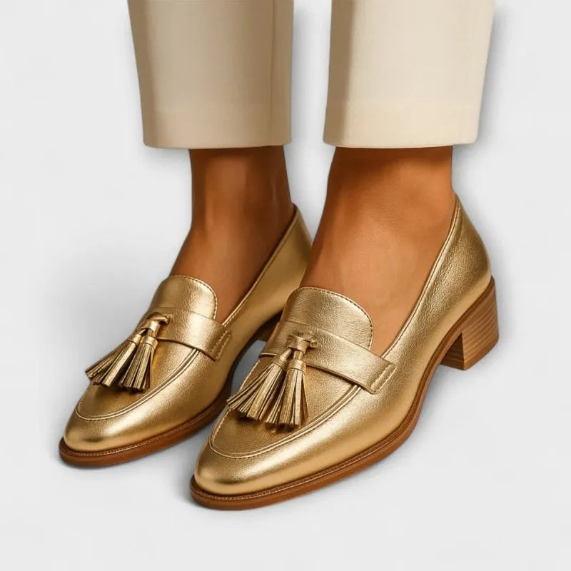 Gold low heel plus size tassel slip-on women's pumps with square toe and rubber sole