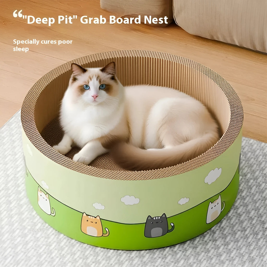 Large round deep pit corrugated paper cat scratch board measuring 50cm in diameter on a wooden floor.