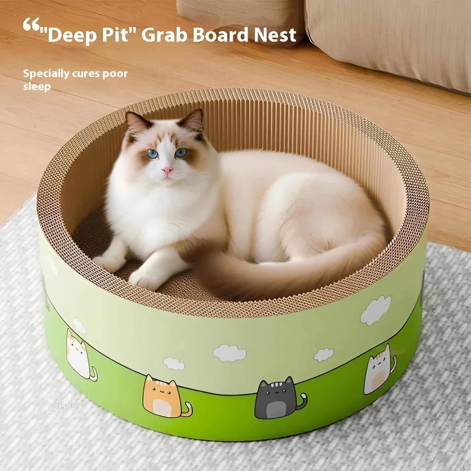 Large round deep pit corrugated paper cat scratch board measuring 50cm in diameter on a wooden floor.