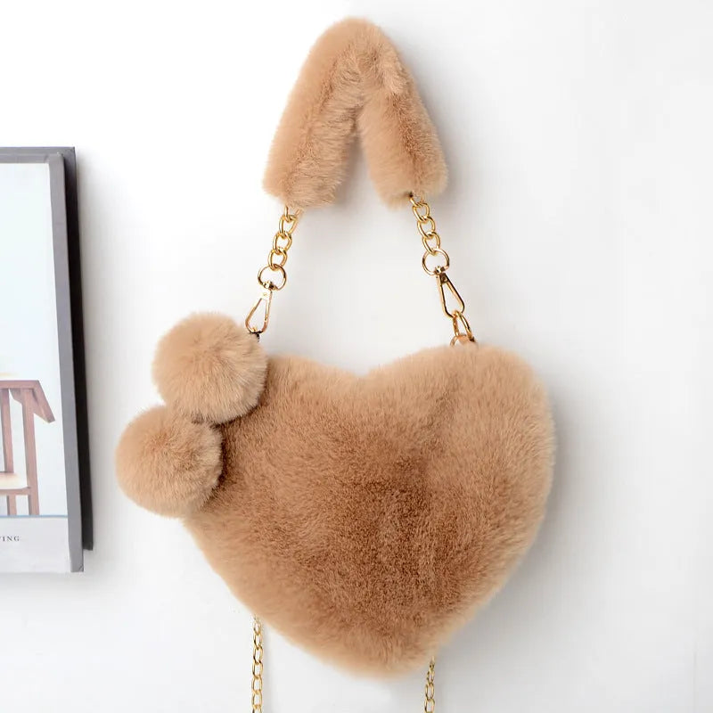 Heart-shaped soft plush women's handbag with zipper opening in medium size