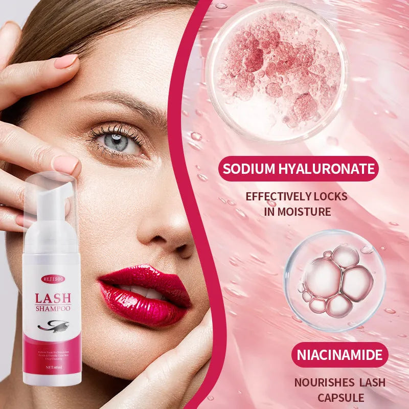60ml bottle of LASH SHAMPOO Mousse eyelash cleaning solution on a white background.