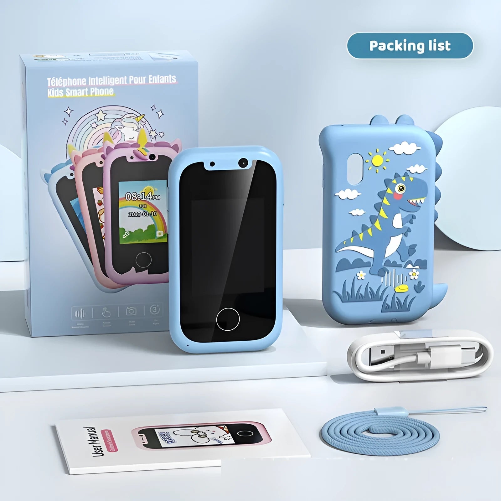 Blue silicone case educational toy mobile phone with camera and 512MB memory for children