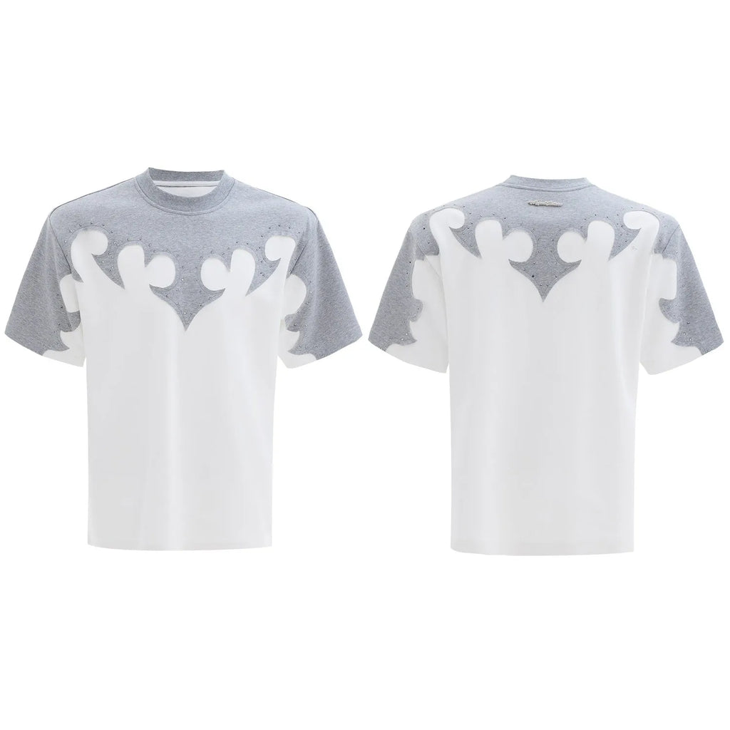 Men's grey short sleeve shirt with 3D burnt flower stitching and rhinestone details on a drop-shoulder loose fit.