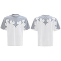 Men's grey short sleeve shirt with 3D burnt flower stitching and rhinestone details on a drop-shoulder loose fit.