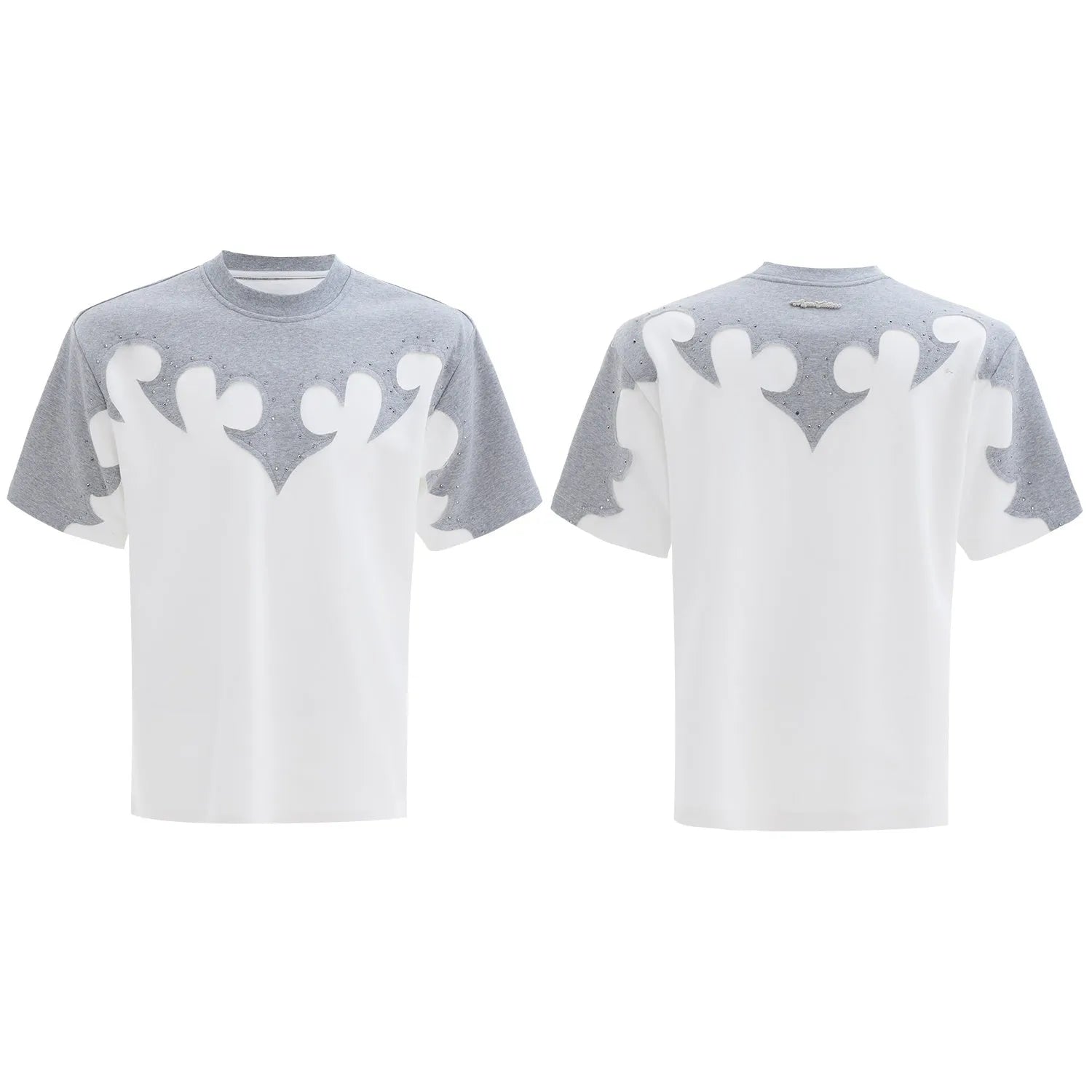 Men's grey short sleeve shirt with 3D burnt flower stitching and rhinestone details on a drop-shoulder loose fit.