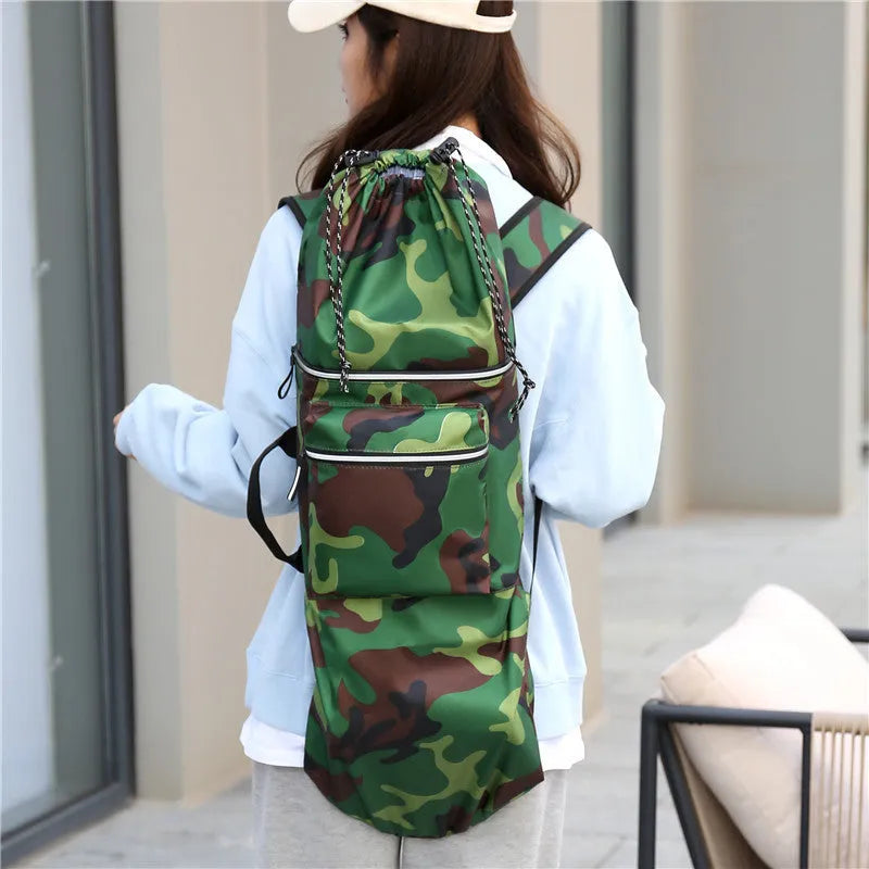 Black waterproof nylon skateboard bag with shoulder strap, showing 90cm length for longboards or fishing rods.