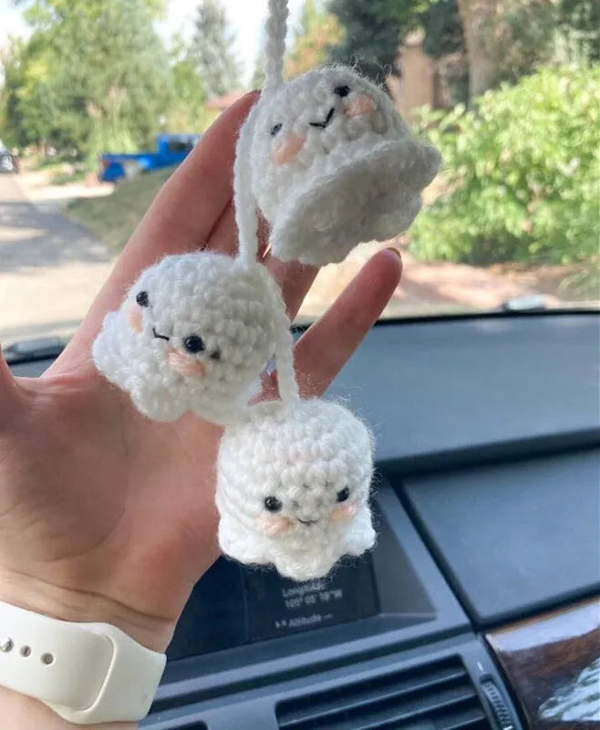 Hand-woven plush automobile hanging ornament with cartoon design for car interior decoration