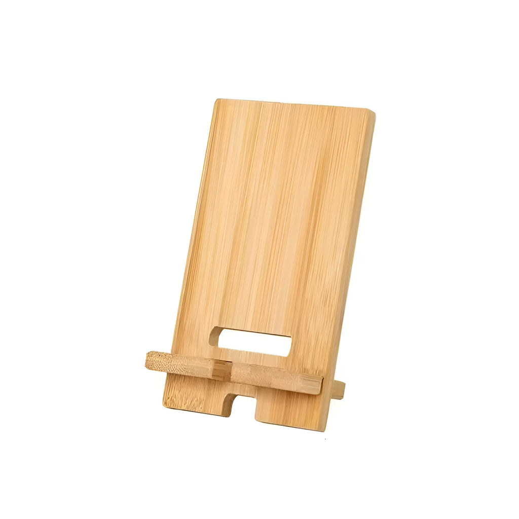 Solid wood three-layer mobile phone holder in retro finish on a desk