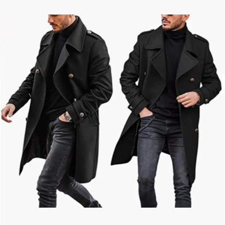 Woolen men's coat in solid colour with polyester lining, straight hem, and embedded pockets on a model