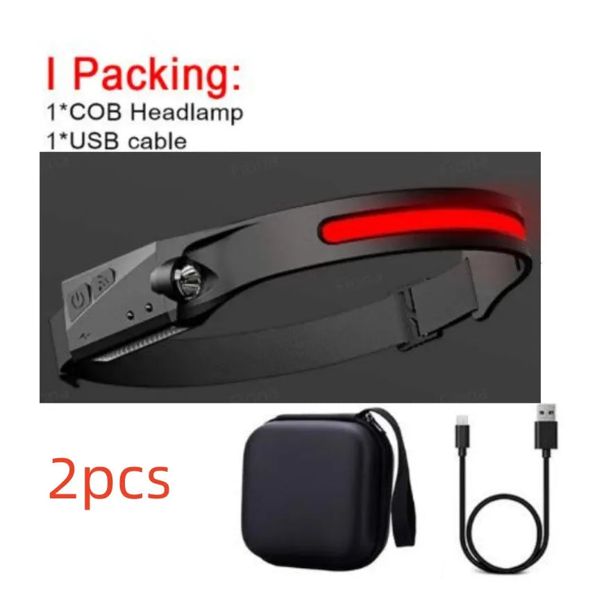 Black USB rechargeable headlamp with a wide COB LED lens and a side wave sensor on the headband.