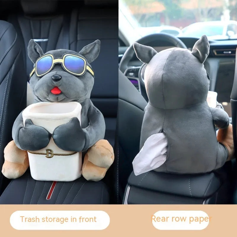 Plush car tissue box hanging from armrest showing 27x33cm dimensions and novelty dog design