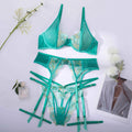 Light green women's bra set with embroidery detailing and matching bikini bottoms.