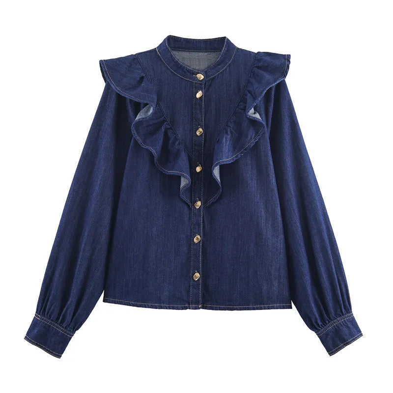 Autumn denim-look layered top and trousers set in solid colour with button detailing
