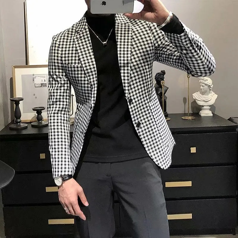 Black and white plaid casual slim-fit jacket for youth, cotton blend, regular length, sizes M to 2XL