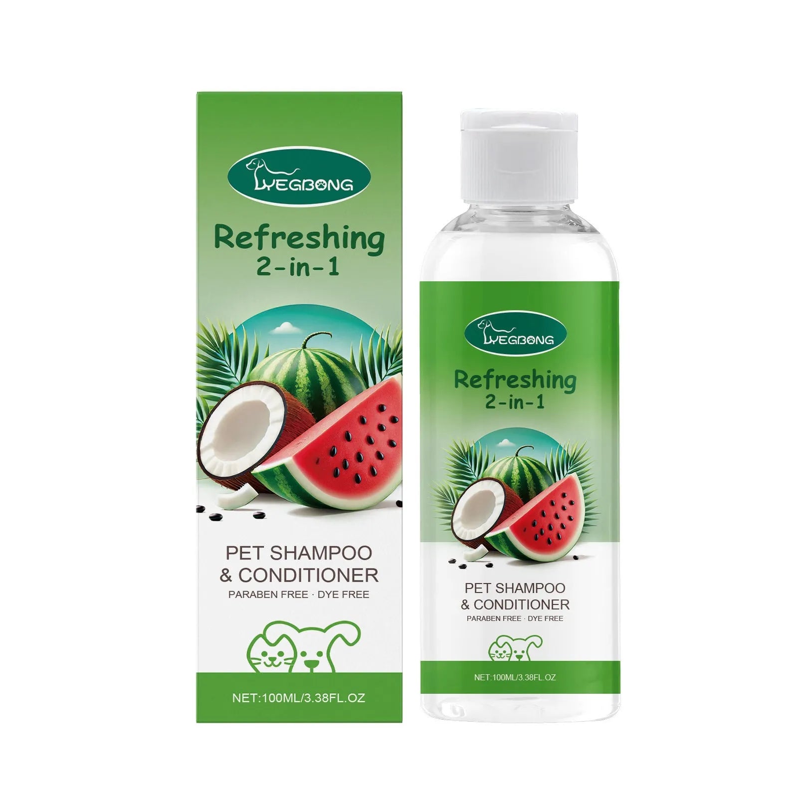 White bottle of pet 2-in-1 shampoo and shower gel, 100ml capacity, with label showing watermelon and coconut ingredients.