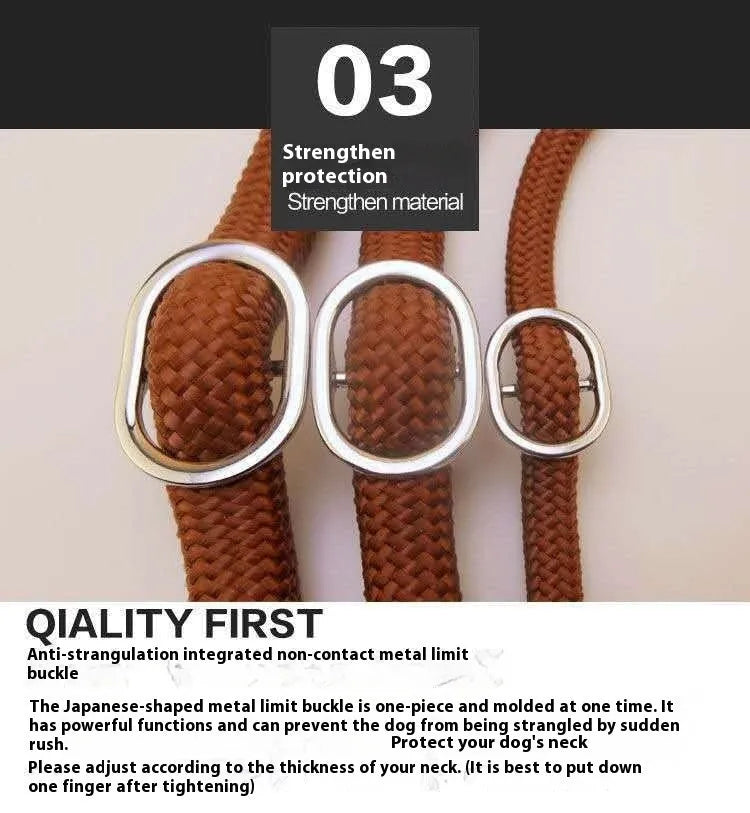 Brown nylon dog leash with P-chain clip measuring 2.1 metres long