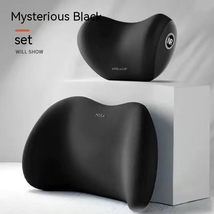 Black memory foam car headrest pillow and matching lumbar support pillow with a milk silk cover.