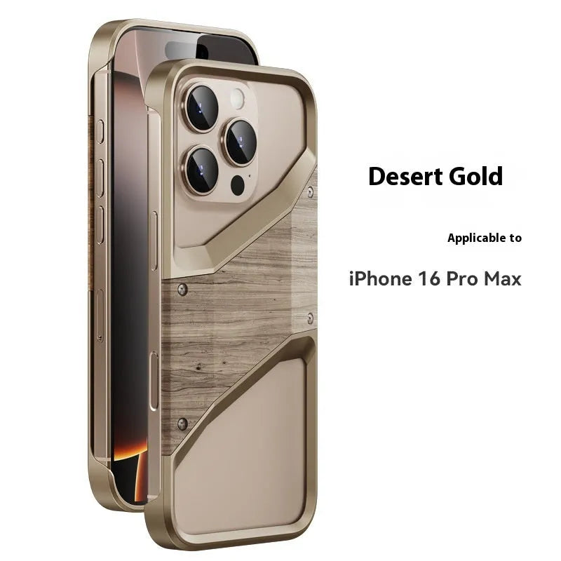 Desert gold wooden aluminium alloy phone case for iPhone 15 and 16 with CNC finish