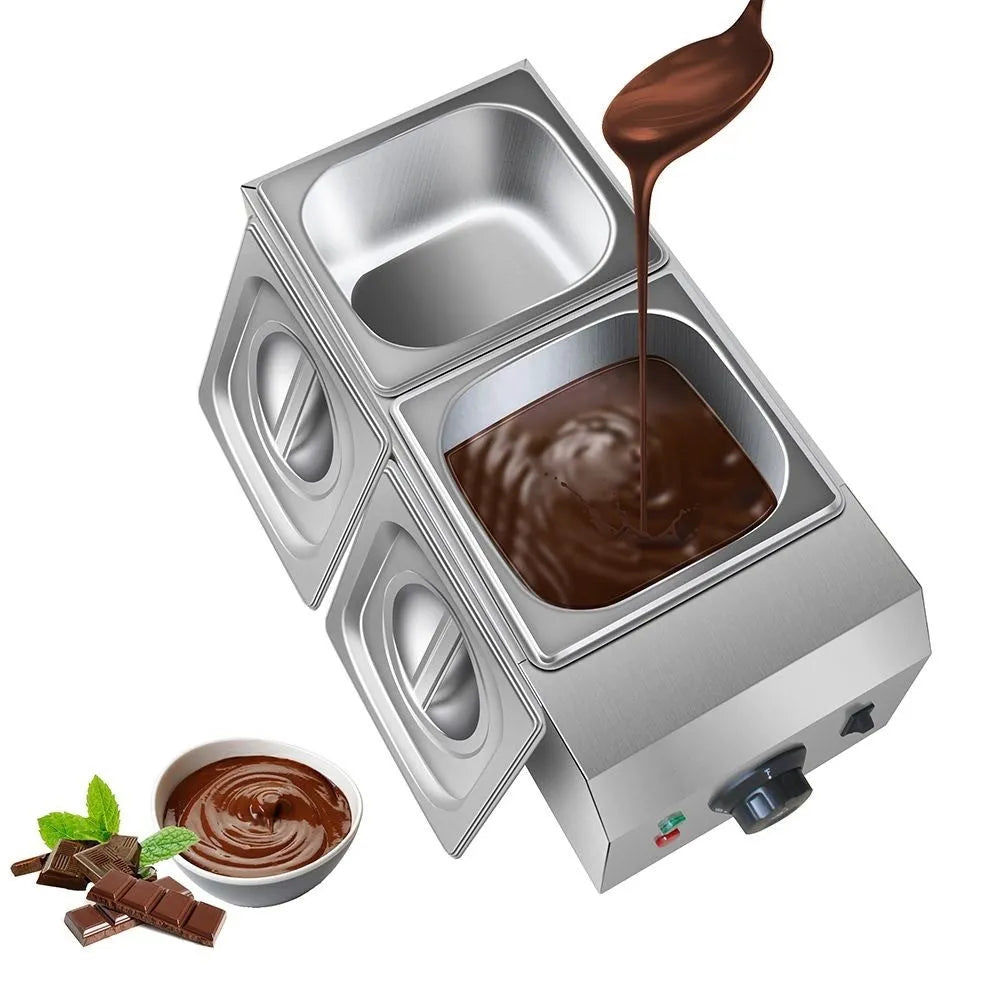 Commercial electric chocolate melting machine with double pot and digital temperature control.