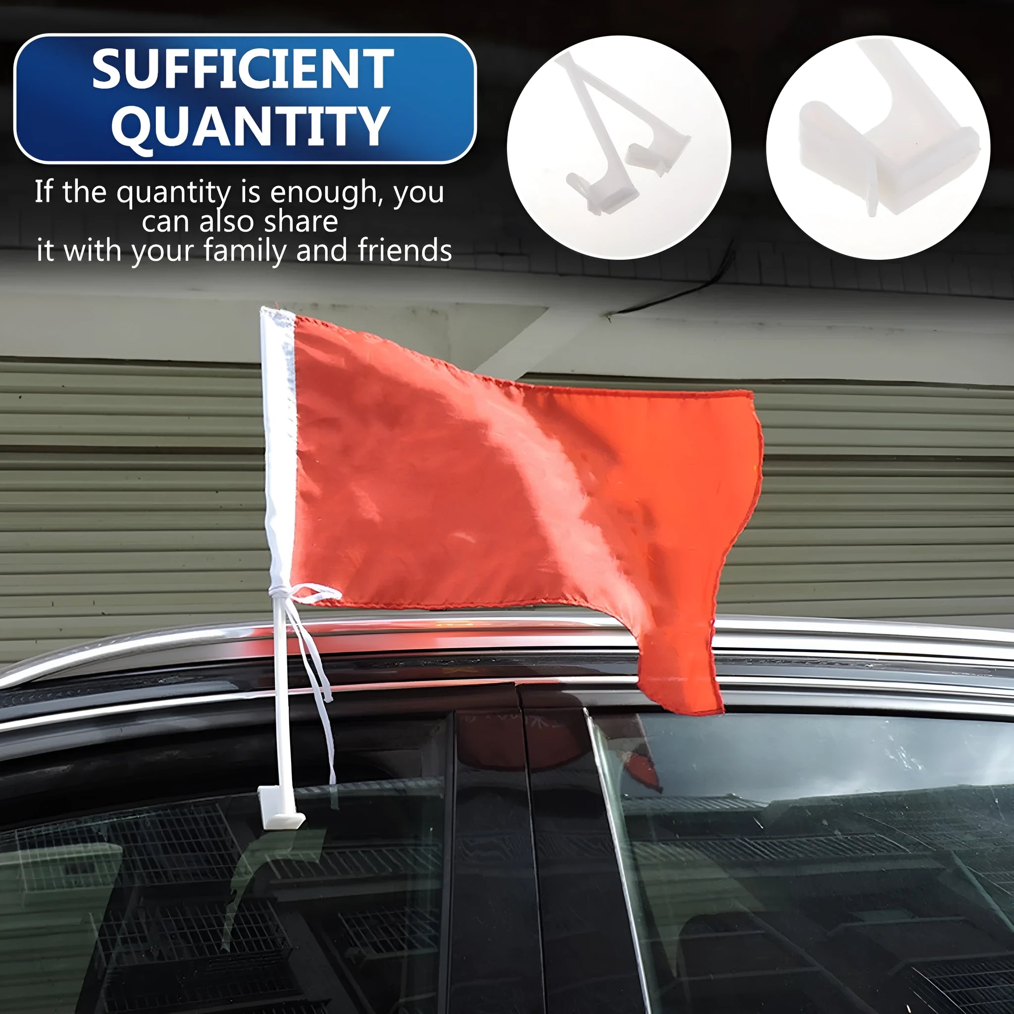 Ten white plastic car window flag holder clips arranged together.