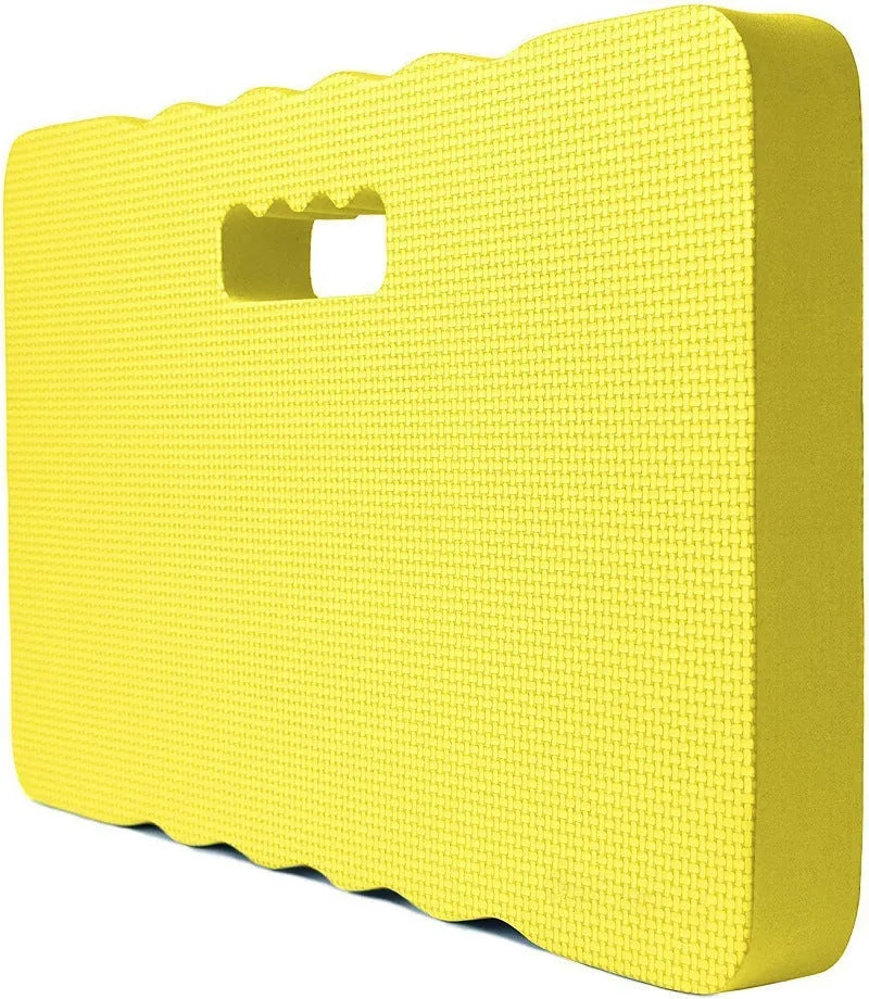Blue EVA foam garden kneeler pad on grass, showing its 45cm length and 28cm width.
