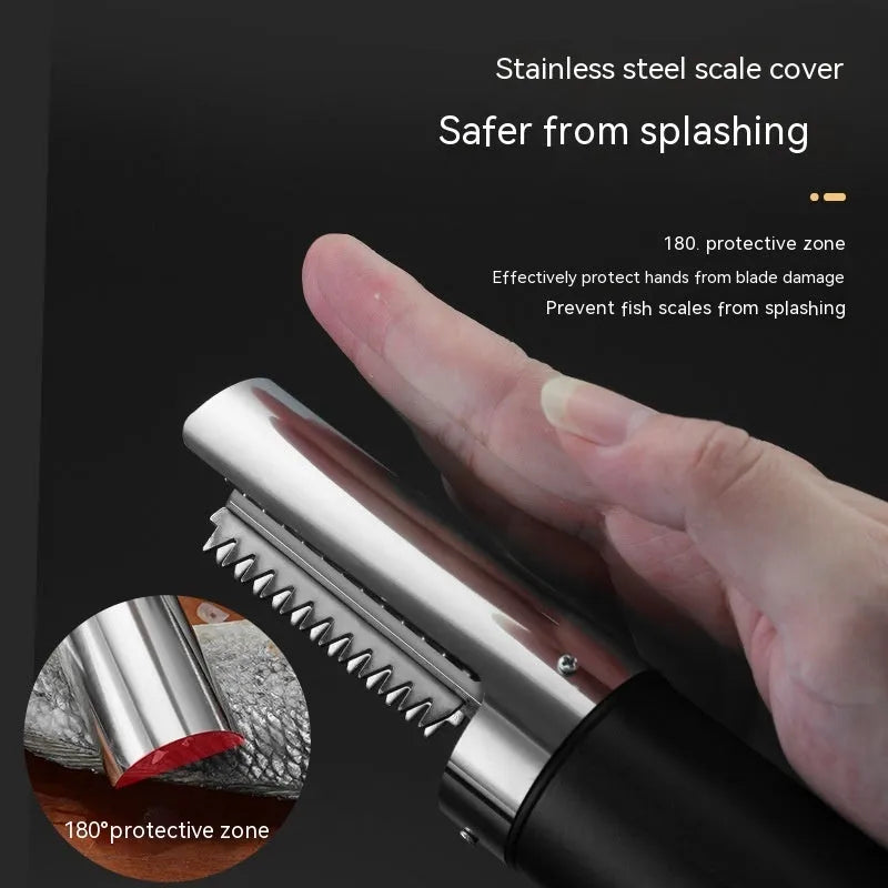 Handheld rechargeable electric fish scaler with 125W motor and seven-level waterproof specification, shown in white, black, or light green.
