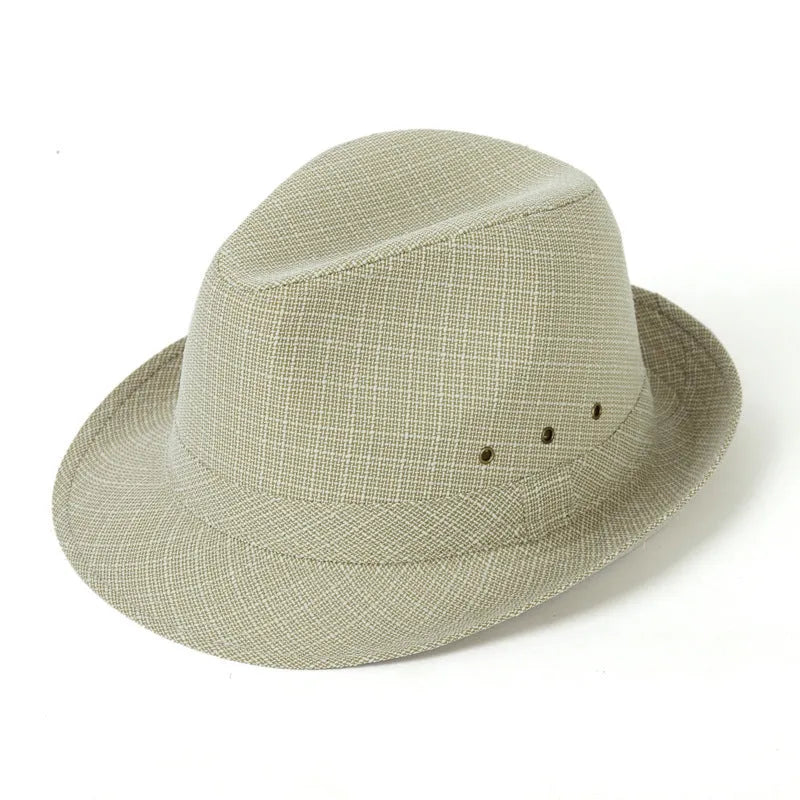 Classic brown fedora hat for men with a reinforced brim, shown on a wooden stand.