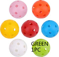 Assortment of red, orange, blue, green, white, and yellow 42mm golf practice balls in a net bag.