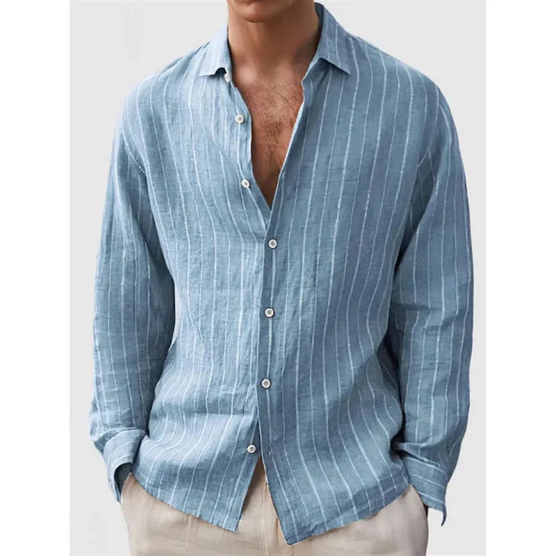 Men's long sleeve striped polyester shirt in loose fit cardigan style available in multiple colours and sizes XS to 5XL