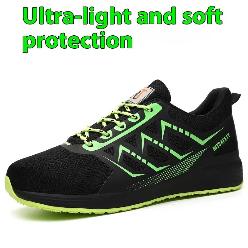 Ultra-light black labour protection shoes with steel toe cap and lace-up front.