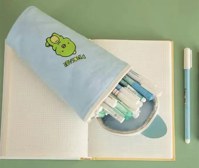 Round canvas pencil case with cartoon pattern for school stationery storage