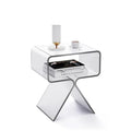 Transparent acrylic side table with bracket frame in living room setting