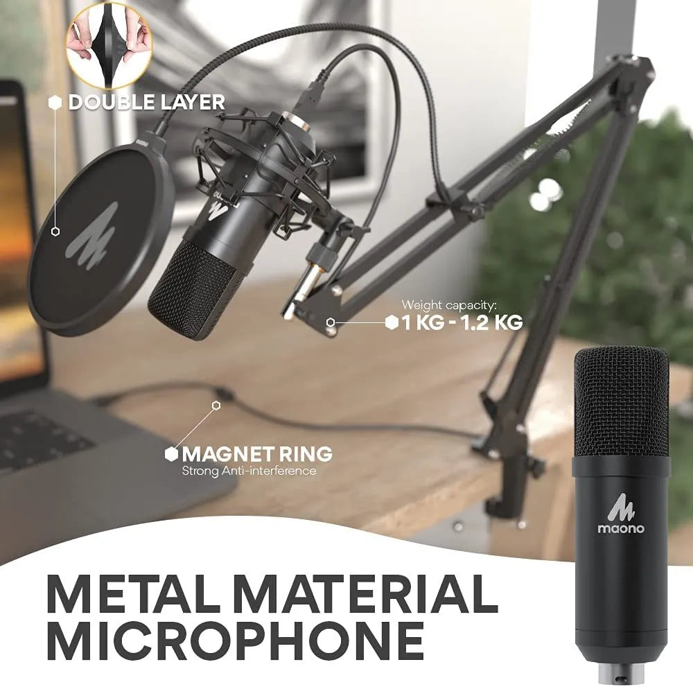 Black wired capacitor microphone with shockproof support and cantilever frame for phone K song and computer recording
