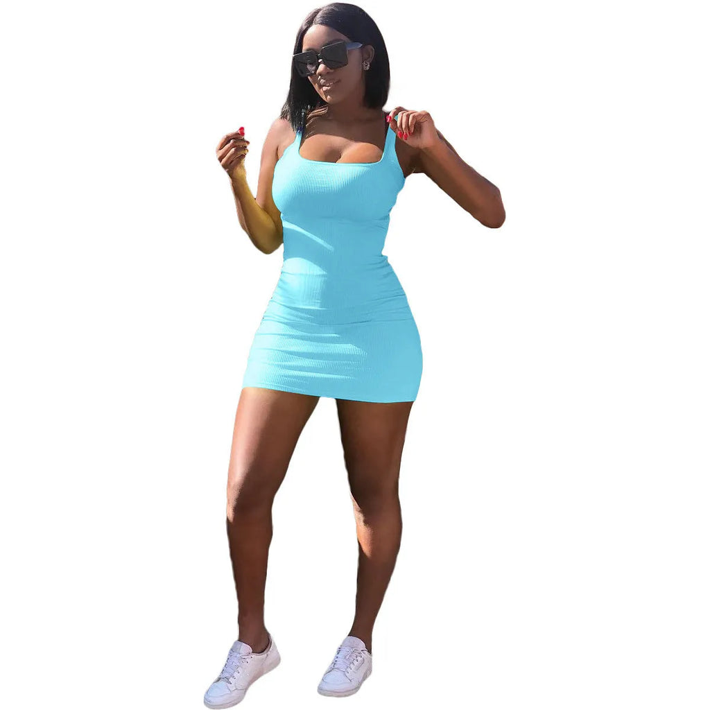 Casual slim fit U-neck dress with sunken stripe straps and princess sleeves.