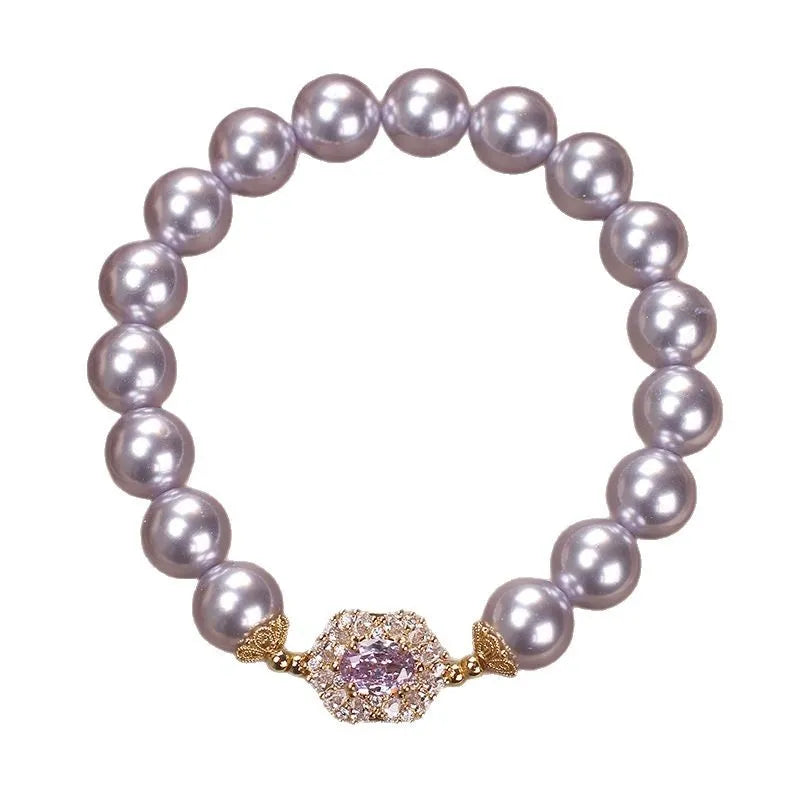 Dreamy purple zircon pearl bracelet with diamond flower design in lavender purple for women