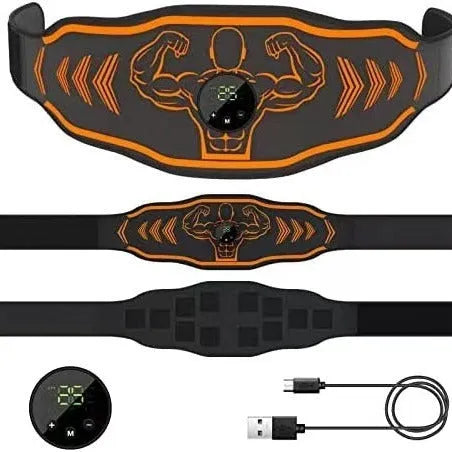 Smart Massage Belt EMS kit with blue host unit, adjustable black belt, and two arm muscle stickers on a grey background.