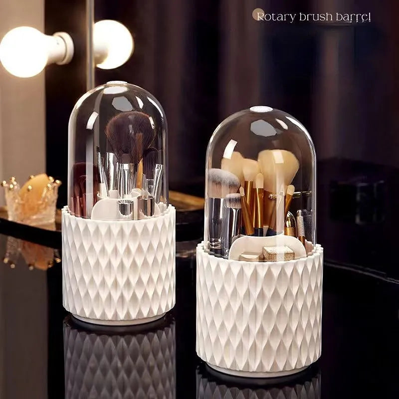 White acrylic makeup brush storage box with transparent cover and rotating base